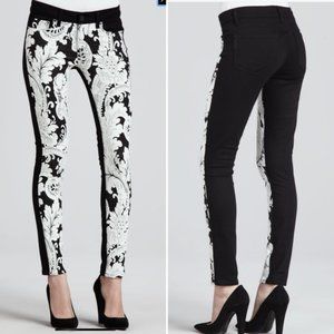 Paige Emily Needlepoint Print Black Skinny Jeans with White Lace, 26